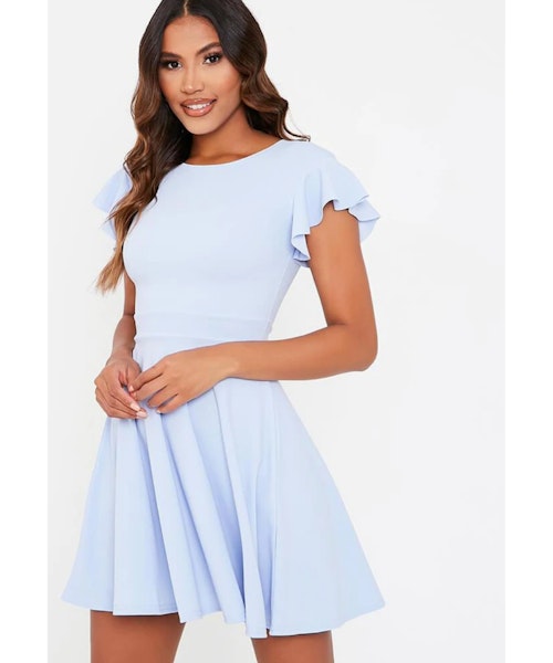 Baby Blue Stretch Crepe Flutter Sleeve Skater Dress