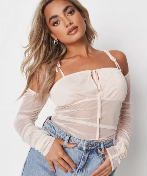 Beige Cold Shoulder Mesh Bodysuit