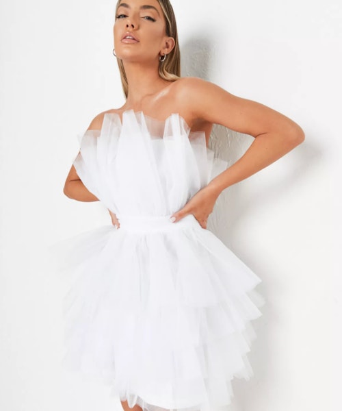 White Tulle Ruffle Bandeau Mini Dress