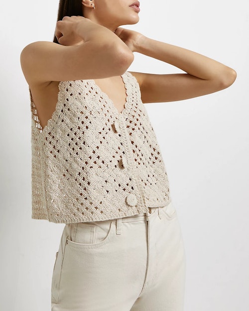 what to buy this weekend River Island, Beige Crochet Sleeveless Cardigan, £25