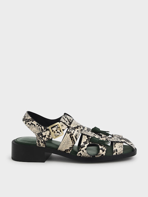 Charles & Keith, Snake-Print Fringe Detail Caged Sandals, £65