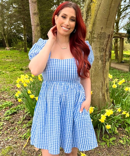 A picture of Stacey Solomon wearing the Blue Plaid Puff Sleeve Dress