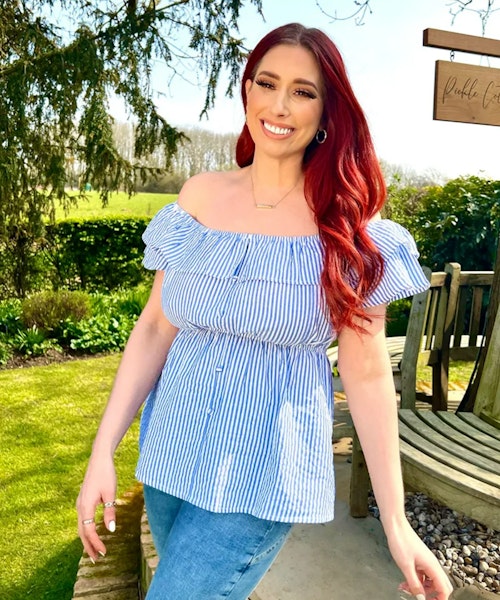 A picture of Stacey Solomon wearing the Blue Stripe Frill Bardot Top
