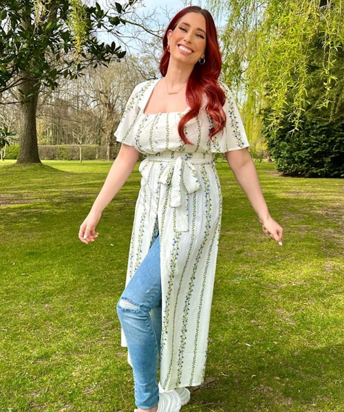 A picture of Stacey Solomon wearing the White Floral Square Neck Longline Blouse