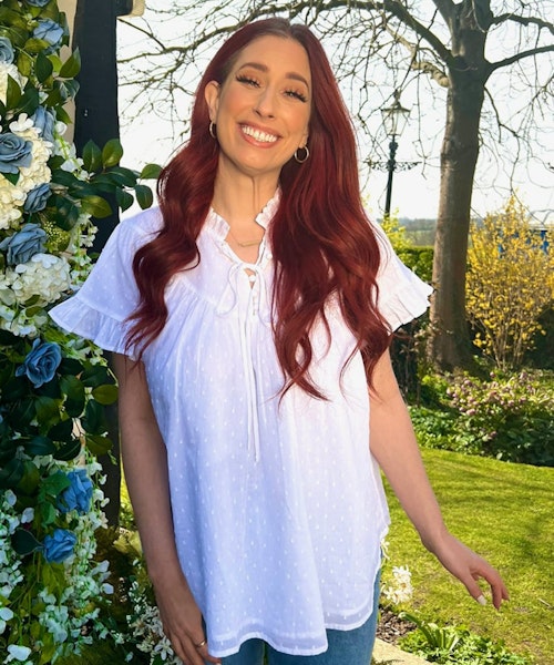 A picture of Stacey Solomon wearing the White Frill Tie Neck Blouse