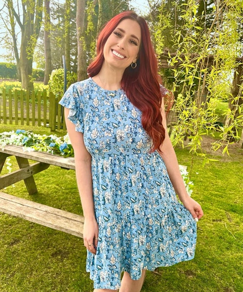 A picture of Stacey Solomon wearing the Blue Frill Mini Dress