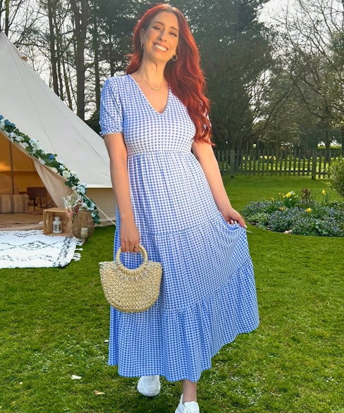 A picture of Stacey Solomon wearing the Blue Gingham Midi Dress