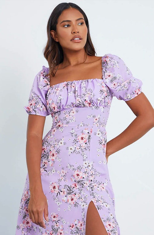 Lilac Floral Print Short Puff Sleeve Midi Dress