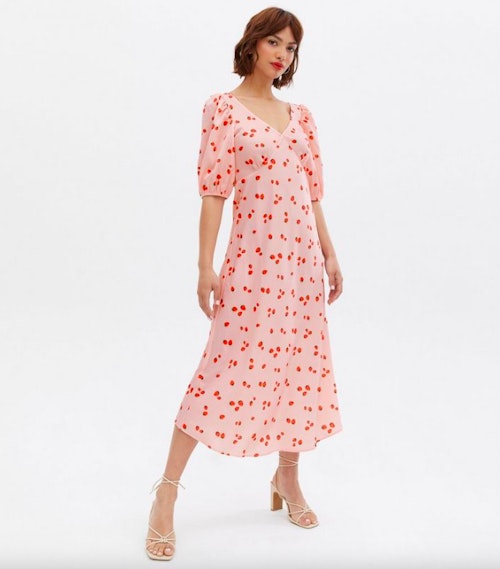 Pink Strawberry Satin Bow Back Midi Dress