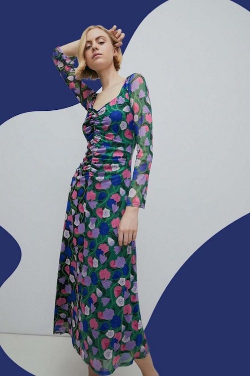 WH X Rose England Spliced Floral Midi Mesh Dress