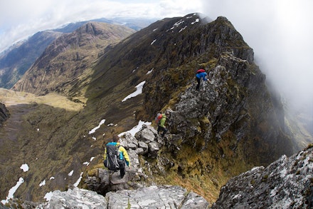 Approaching the Crazy Pinnacles on Aonach Eagach's narrowest and trickiest section. Approaching the Crazy Pinnacles on Aonach Eagach's narrowest and trickiest section.