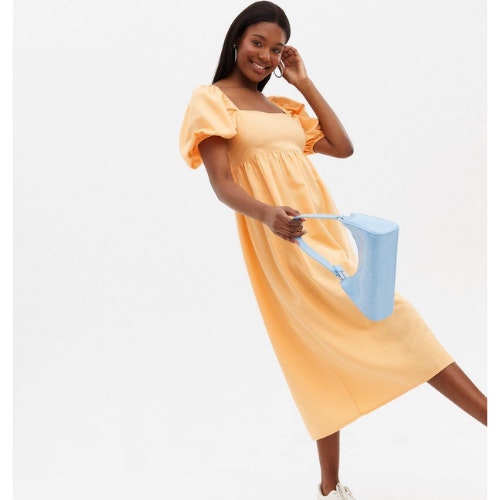 Linen-Look Puff Sleeve Midi Dress