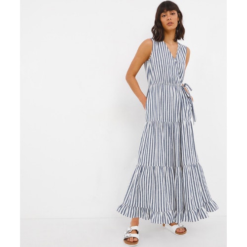 Sleeveless Linen Tiered Hem Wrap Dress