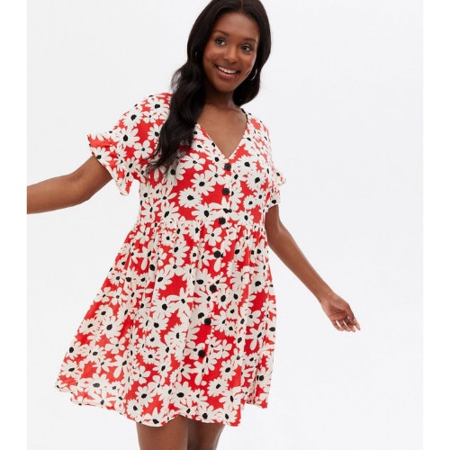 Red Floral Button Mini Smock Dress