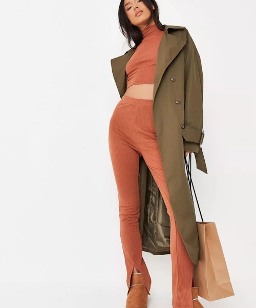 Brown Rib Open Back Crop T Shirt And Trousers Co Ord Set