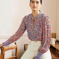 Frilly Printed Popover Blouse Riviera Blue, Floret Cluster