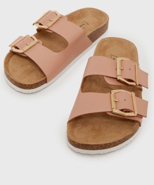 Pink Buckle Double Strap Footbed Sliders