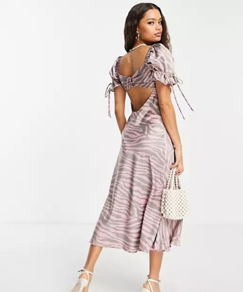 ASOS DESIGN Petite satin midi tea dress with tie front in pink zebra