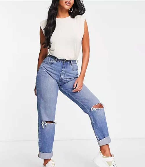ASOS Design, Hourglass high waist 'slouchy' mom jean in stonewash with rips, £28
