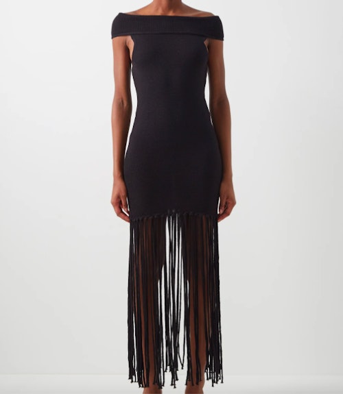Thebe Magugu, Off-The-Shoulder Fringed Wool Dress, £640