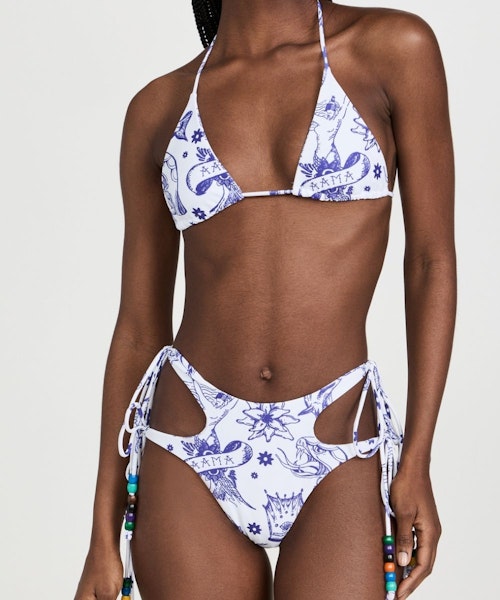 HOUSE OF AAMA Cutout Wraparound Beaded Tattoo-Print Bikini, £318