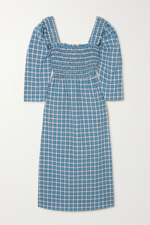 jubilee dresses Ganni, Smocked Cotton Organic Cotton Blend Seersucker Midi Dress, £225