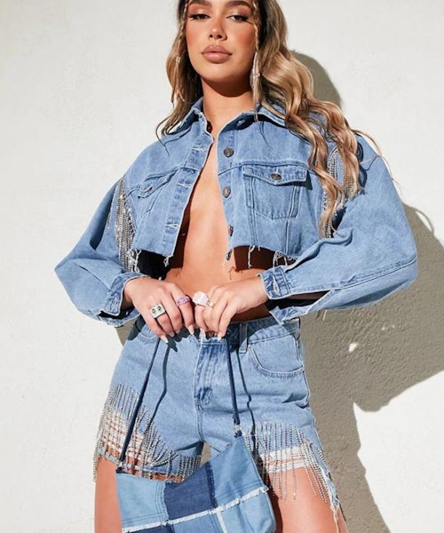 Vintage Wash Diamante Cropped Western Denim Jacket