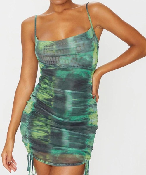 Green Tie-Dye Print Ruched Tie Hem Bodycon Dress