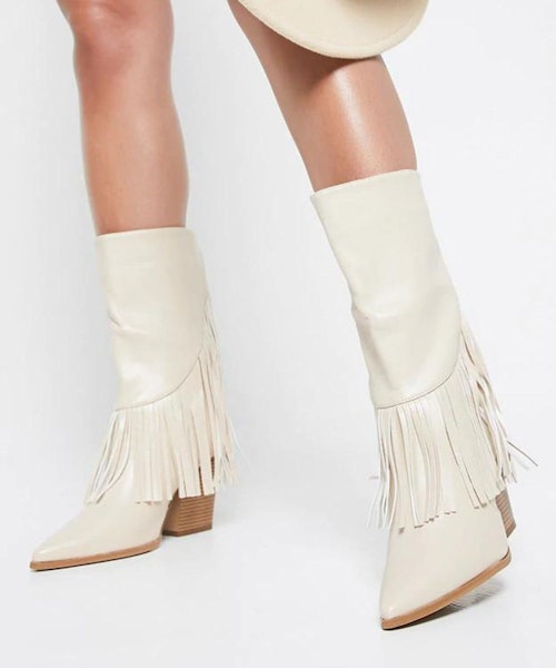 Stone Fringe Detail Heeled Western Ankle Boots