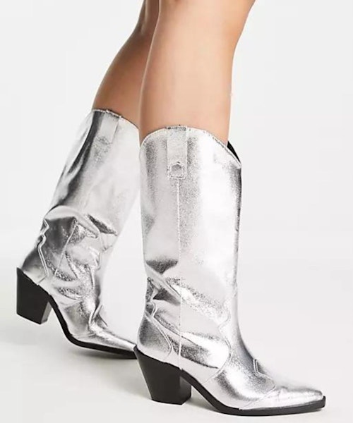 Stradivarius Western Boot In Silver
