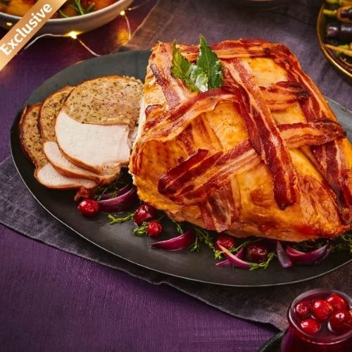 British bronze turkey crown with pork, sage and onion stuffing and bacon lattice