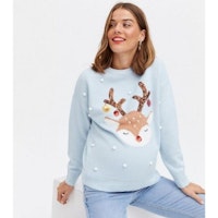 Maternity Blue Bobble Christmas Reindeer Jumper