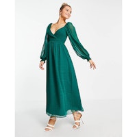 Title ASOS DESIGN dobby shirred wrap frill waist maxi dress