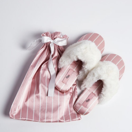 Boux Avenue Stripe satin slippers in a bag - Pink & White Mix