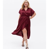 Curves Burgundy Satin Midi Wrap Dress