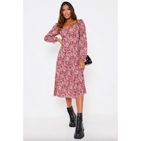 Floral Long Puff Sleeve Midi Smock Dress