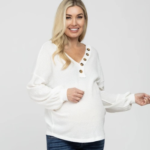 White Waffle Knit Button Accent Maternity Top