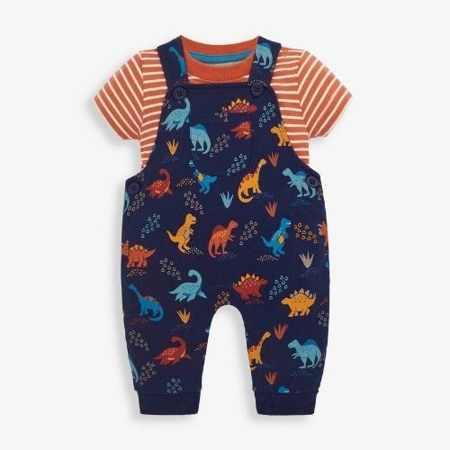 2-PIECE NAVY DINOSAUR PRINT BABY DUNGAREES SET
