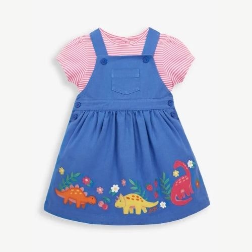 GIRLS' 2-PIECE DINOSAUR APPLIQUÉ DUNGAREE DRESS SET - Twin Matching Outfits