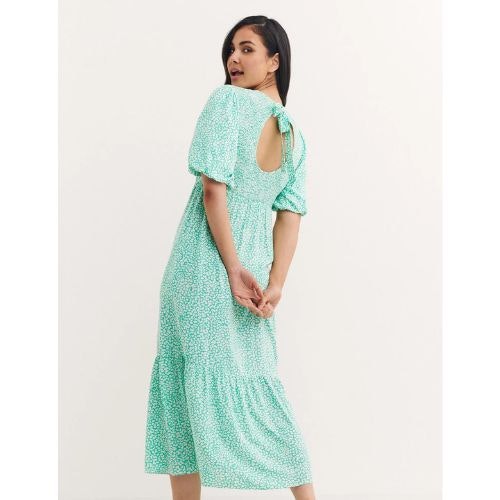 Printed Round Neck Midi Smock Dress