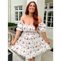 Stacey Solomon Cream Floral Bardot Recycled Shirred Bow Back Mini Dress