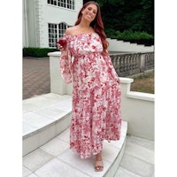 Stacey Solomon Red Floral Recycled Flared Sleeve Tiered Bardot Maxi Dress
