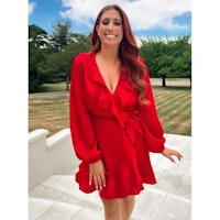 Stacey Solomon Red Recycled Satin Frill Wrap Mini Dress