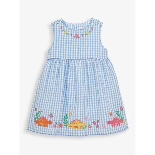 Girls' Dinosaur Appliqué Gingham Dress