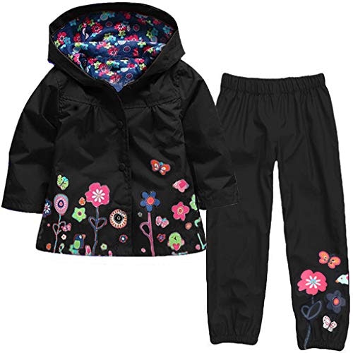 Floral kids hooded raincoat with trousers