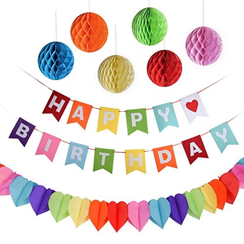 KUUQA Happy Birthday Banner with Rainbow Paper Garland