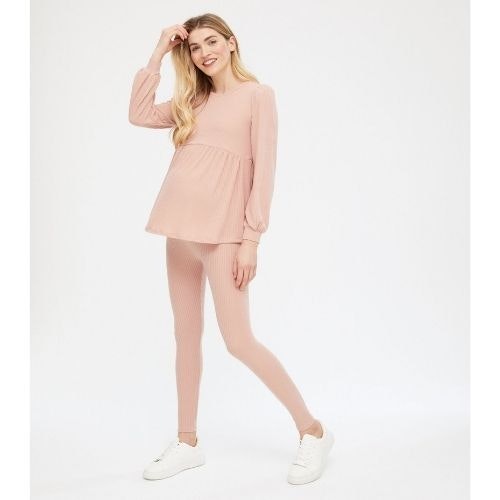 Maternity pale pink ribbed leggings lounge set