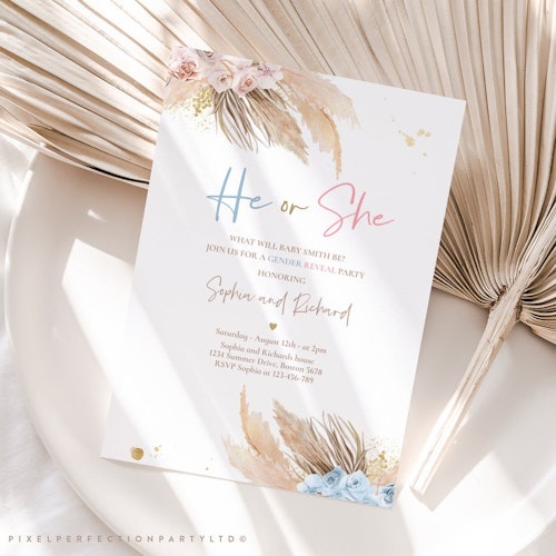 Editable Pampas Grass Gender Reveal Invitation