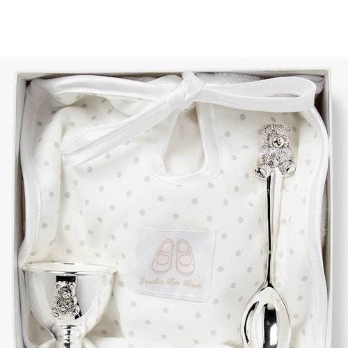 English Trousseau Silver Plated Egg, Cup and Spoon with Bib
