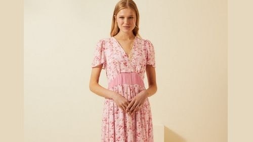 Floral V-Neck Angel Sleeve Midi Tea Dress